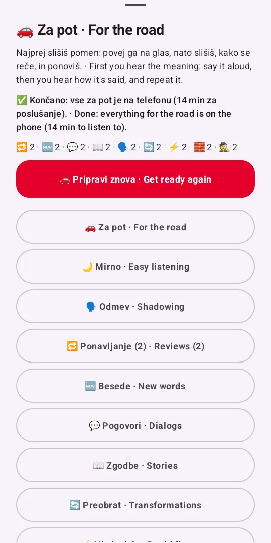 The car's sheet in the app, 🚗 Za pot · For the road: everything for the road is on the phone, 14 minutes to listen to, and the sessions: for the road, easy listening, shadowing, reviews, new words, dialogs, stories, transformations.