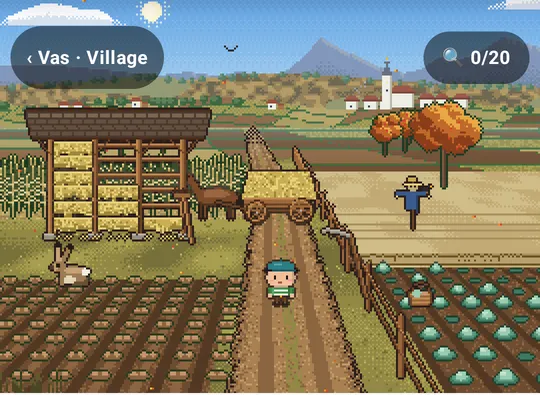 The field as a view to the hills: a hayrack full of hay, a horse and cart on the path, a scarecrow, cabbages, a hare, a church on the hill behind.