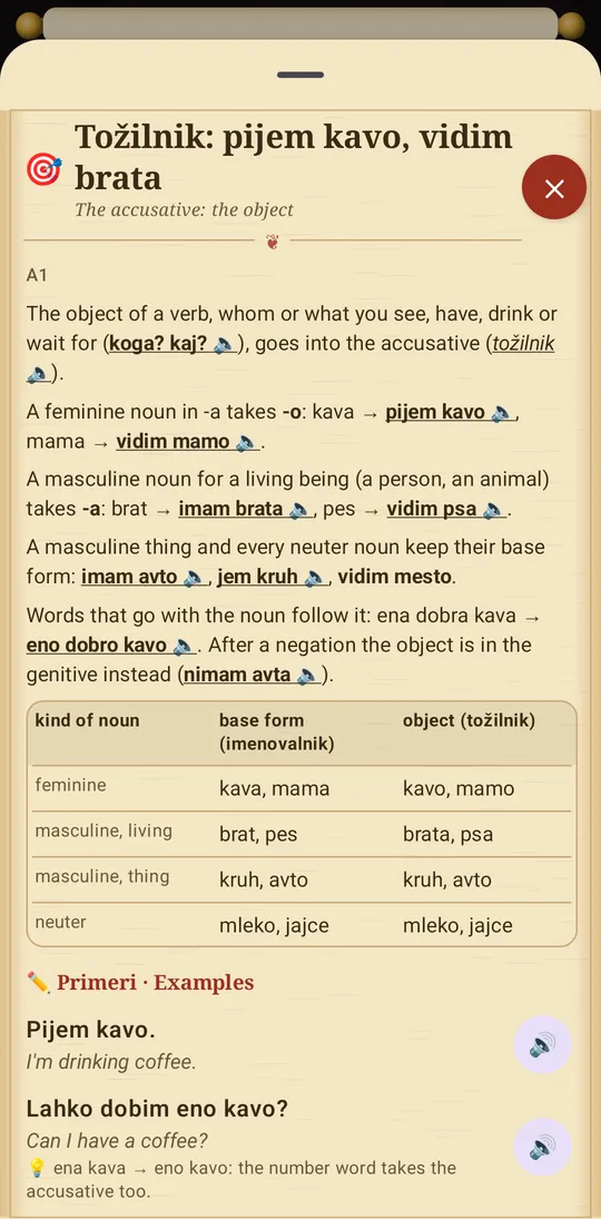 A grammar page, Tožilnik: pijem kavo, vidim brata (the accusative), with the rule, a table of noun kinds and examples to listen to.
