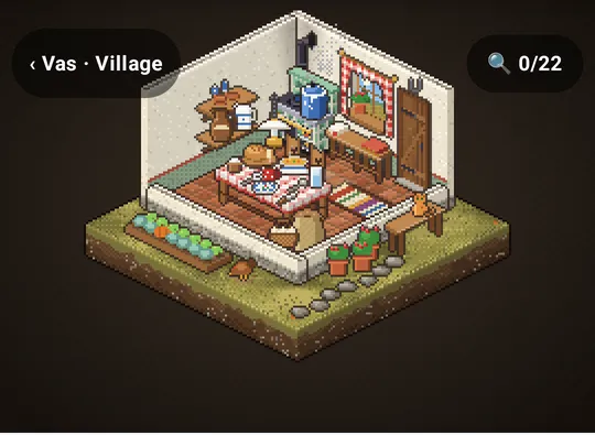 The kitchen as an isometric diorama: a stove, a table with bread and a jug, shelves, a red-checked curtain, a vegetable bed outside the wall.