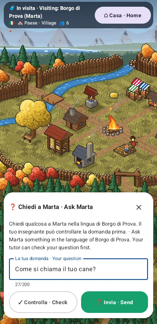 Asking the host a question: Chiedi a Marta · Ask Marta, with the question Come si chiama il tuo cane? and the buttons Check and Send.