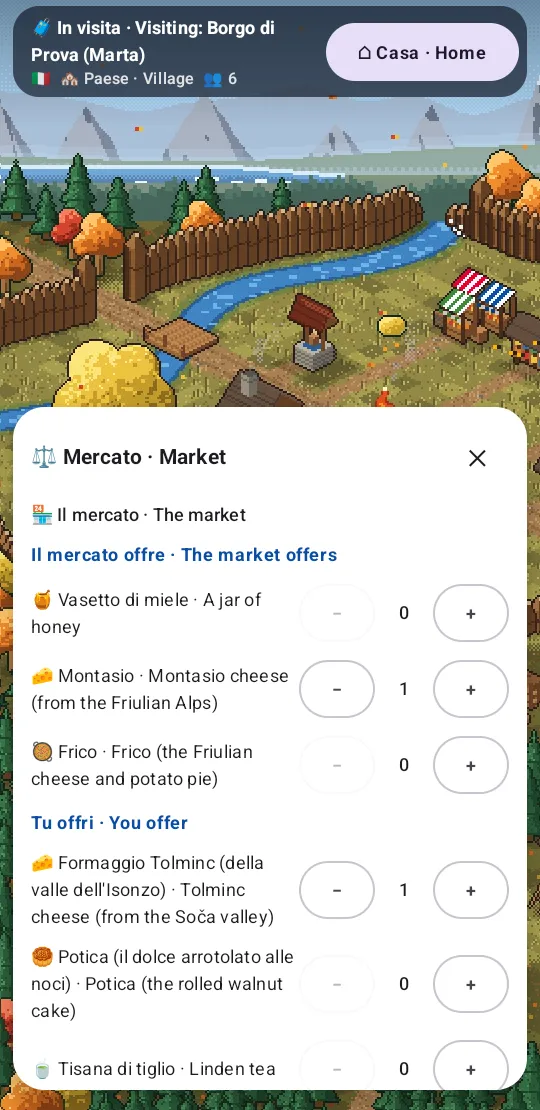 The market of the visited town: it offers honey, Montasio cheese and frico; the visitor offers Tolminc cheese, potica and linden tea.