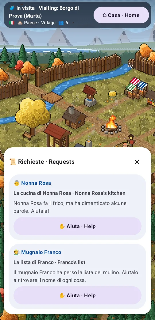 Requests in the visited town: Nonna Rosa's kitchen (she makes frico but forgot some words) and Franco's list, each with a Help button.