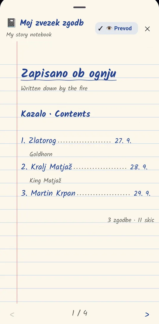 The story notebook's first page in handwriting on lined paper: Zapisano ob ognju, written down by the fire, and its contents: Zlatorog, Kralj Matjaž, Martin Krpan, with dates.