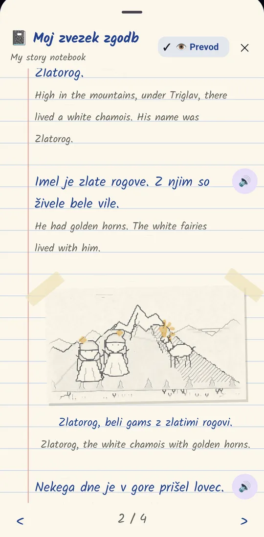A notebook page of Zlatorog: lines of the story in blue ink, and a pencil sketch taped in of the white fairies and the golden-horned chamois under the mountains.